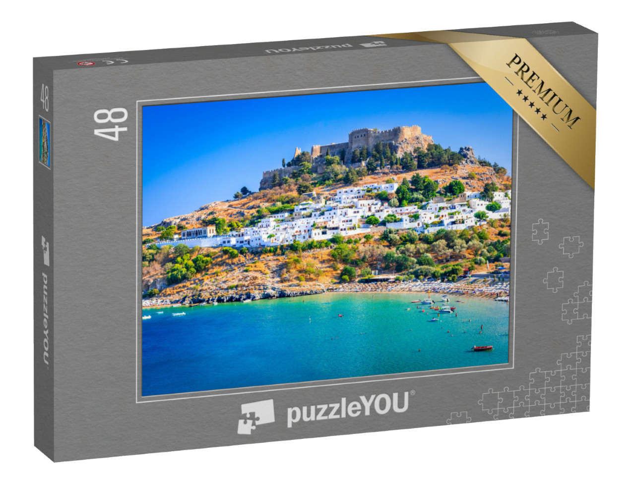 Puzzle 48 Teile „Lindos mit seinen weiß getünchten Häusern, Rhodos, Griechenland“