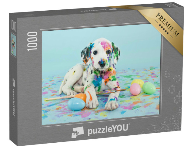 Puzzle 1000 Teile „Ein kleiner dalmatinischer Welpe beim Ostereier bemalen“