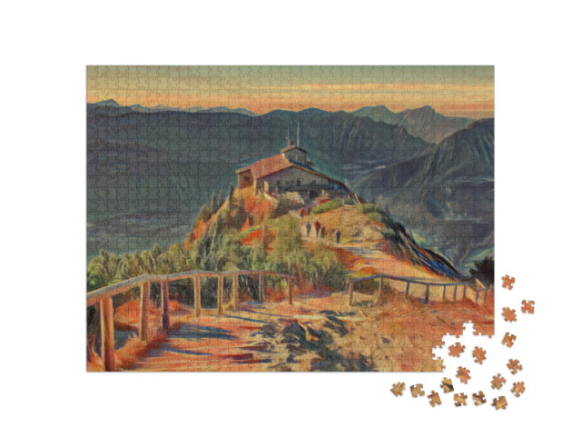 Puzzle 1000 Teile „im Stil von Edvard Munch, Der Schrei - Kehlstein Adlerhorst, Berchtesgaden, Bayern“