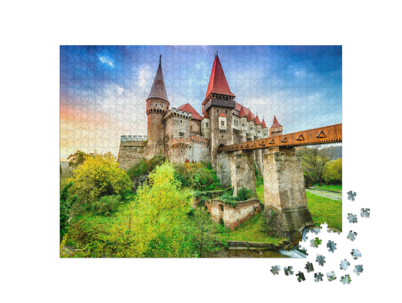 Puzzle 1000 Teile „Schönes Panorama von Schloss Hunyad, Siebenbürgen, Rumänien“