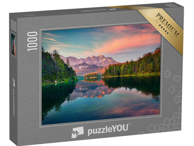 Puzzle 1000 Teile „Beeindruckender Sonnenaufgang am Eibsee mit Zugspitze, Deutschland“