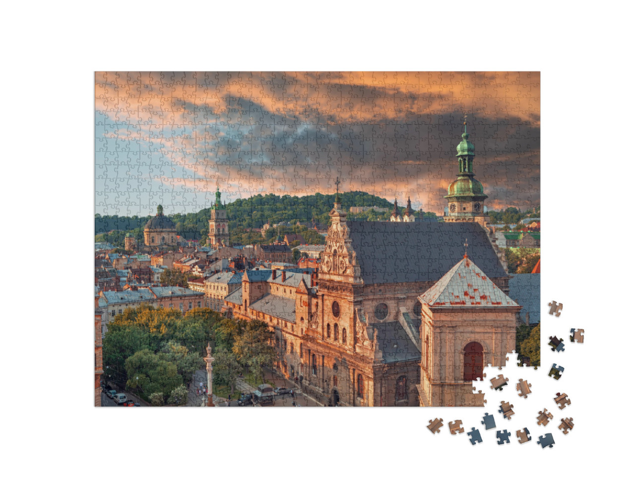 Puzzle 1000 Teile „Historisches Zentrum von Lwiw bei Sonnenuntergang“