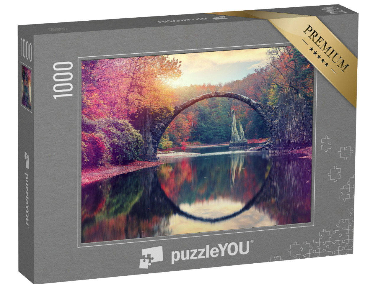 Puzzle 1000 Teile „Herbstlandschaft: Teufelsbrücke von Kromlau, Sachsen“