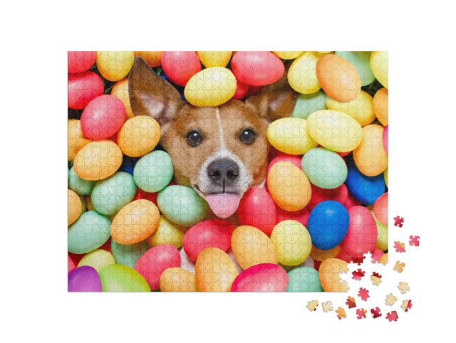 Puzzle 1000 Teile „Frohe Ostern: Ein kleiner Hund versteckt sich in Ostereiern“