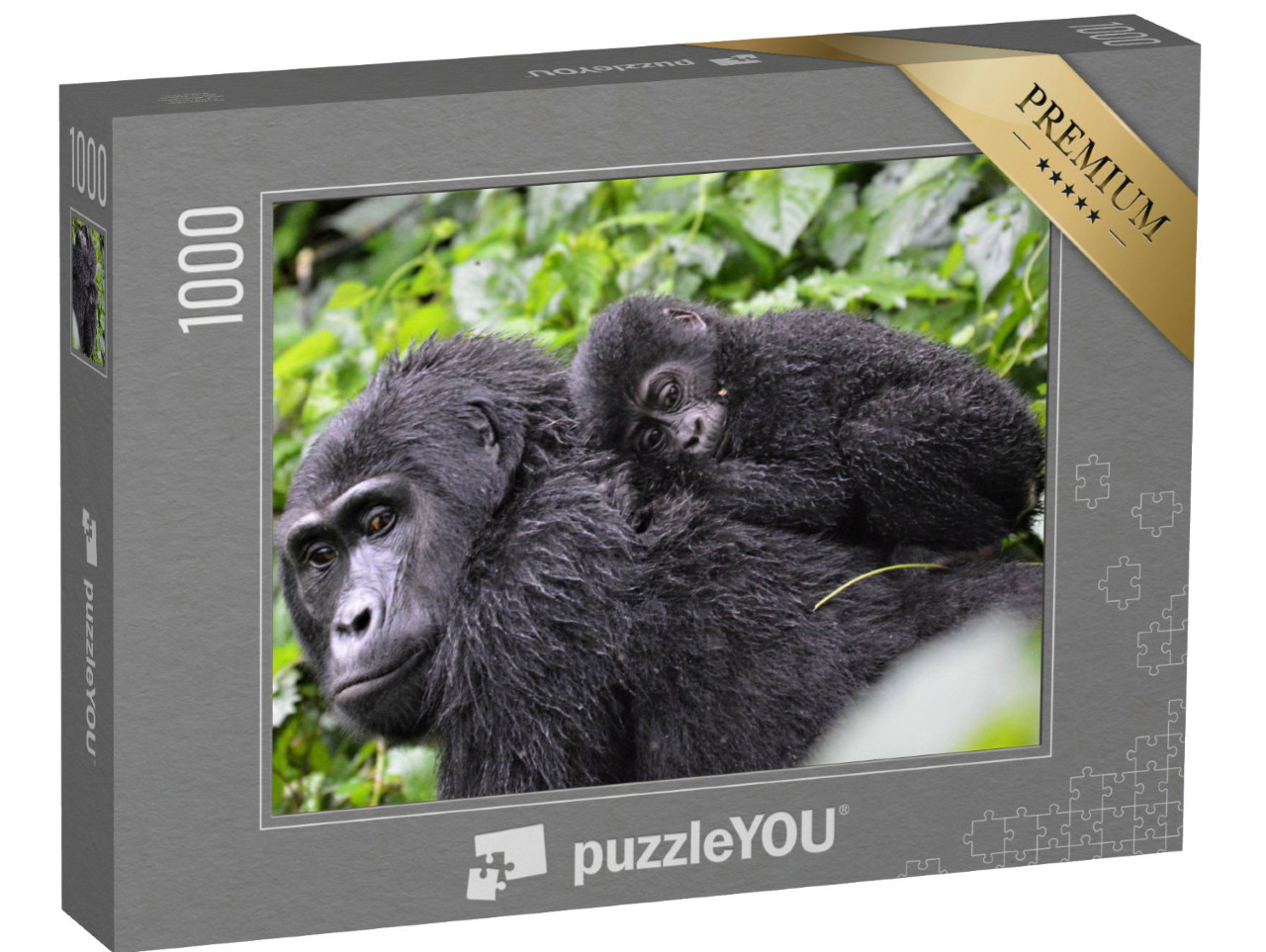 Puzzle 1000 Teile „Gorillababy liegt auf dem Rücken der Mutter im Bwindi Impenetrable Forest“