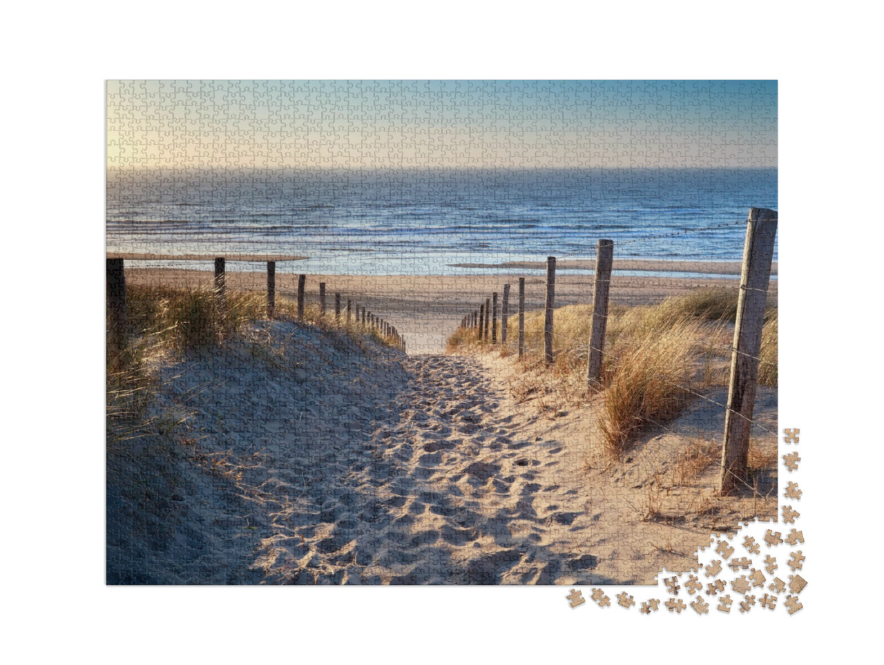 Puzzle 2000 Teile „Weg zum Nordseestrand im goldenen Sonnenuntergang, Niederlande“