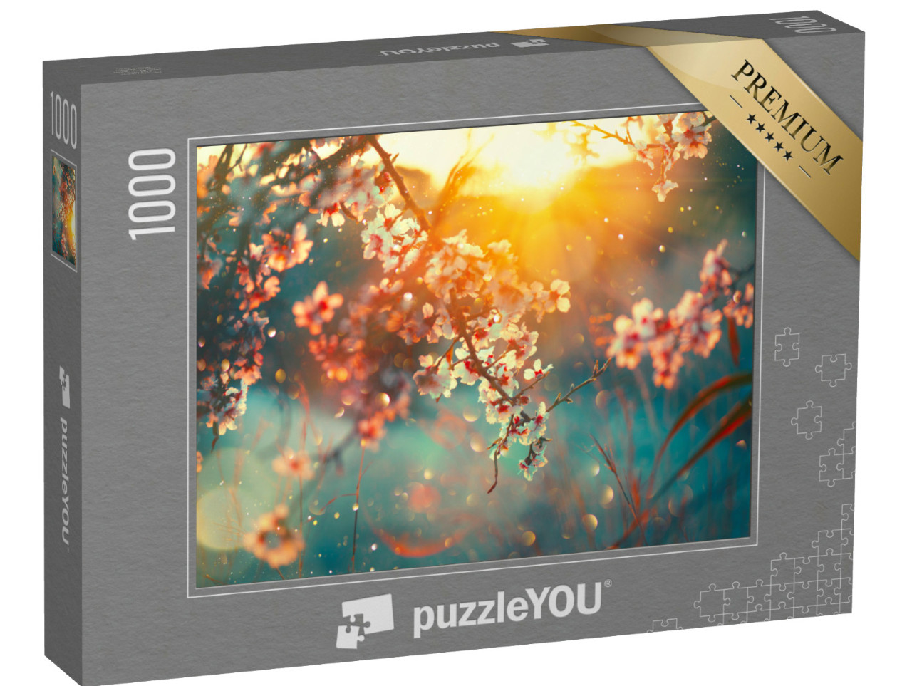 Puzzle 1000 Teile „Zart blühende Obstbäume im Sonnenaufgang“
