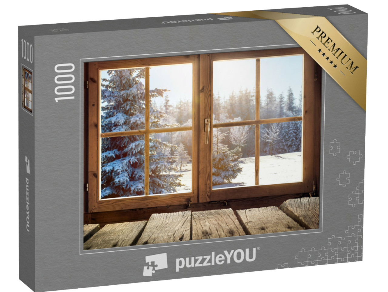 Puzzle 1000 Teile „Blick durch ein Hüttenfenster auf den verschneiten Winterwald“