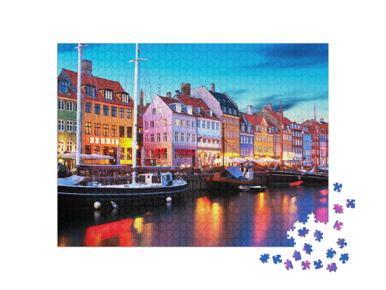 Puzzle 1000 Teile „Abendpanorama am Pier von Nyhavn, Kopenhagen, Dänemark“