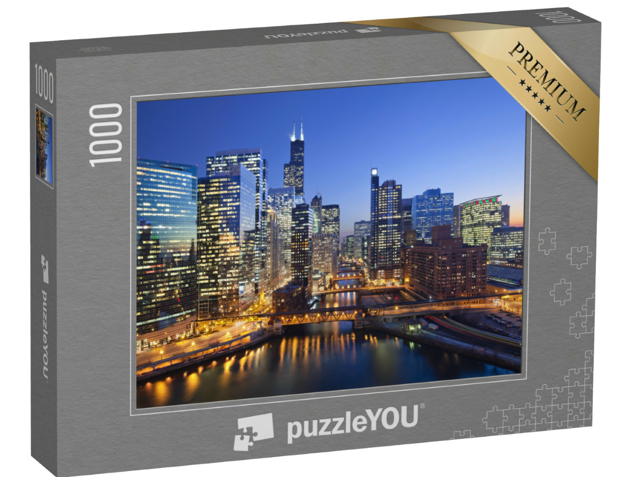 Puzzle 1000 Teile „Chicago Downtown und Chicago River mit Brücken bei Sonnenuntergang“