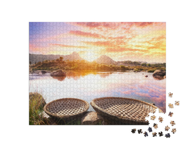 Puzzle 1000 Teile „Sonnenuntergang am Fluss Tungabhadra in Hampi, Karnataka, Indien“