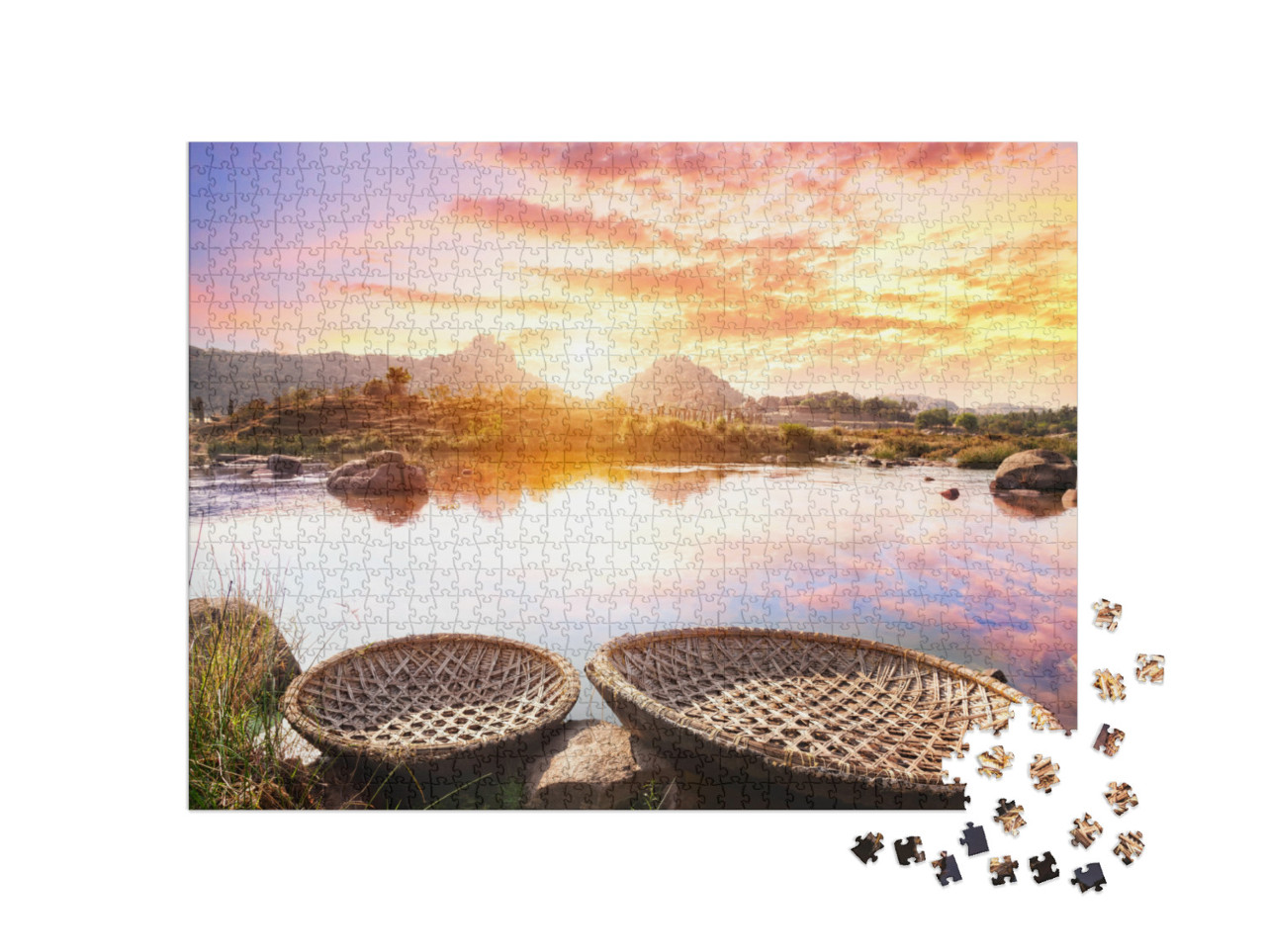 Puzzle 1000 Teile „Sonnenuntergang am Fluss Tungabhadra in Hampi, Karnataka, Indien“