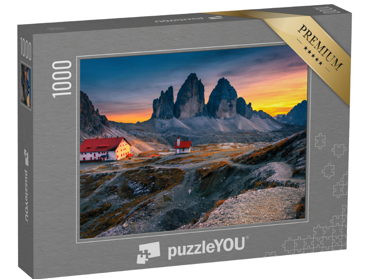 Puzzle 1000 Teile „Drei Zinnen mit Rifugio Locatelli-Hütte , Dolomiten, Italien“