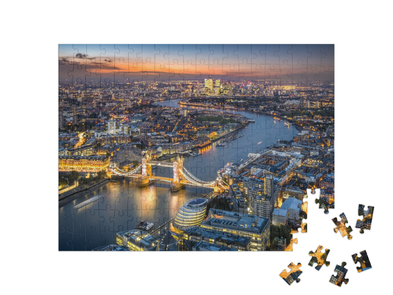 Puzzle 200 Teile „Londoner Skyline mit Tower Bridge bei Dämmerung“