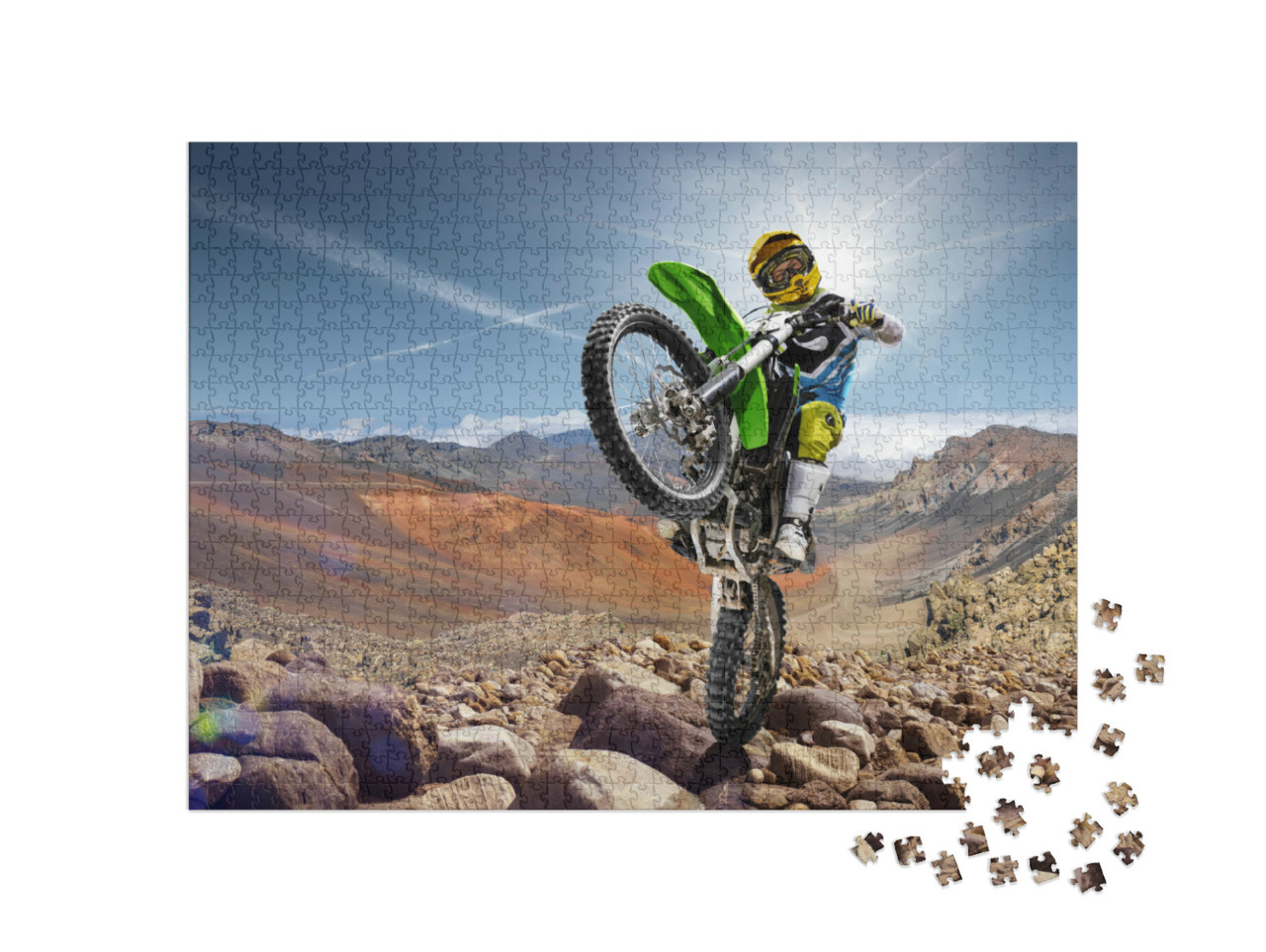 Puzzle 1000 Teile „Professioneller Dirt-Bike-Fahrer beim Wheely“
