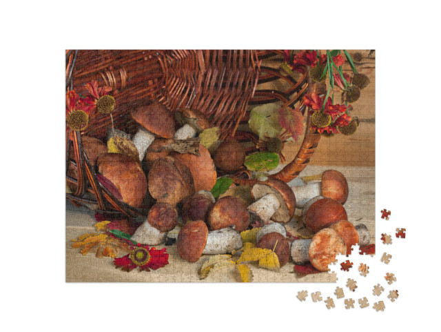 Puzzle 1000 Teile „Stillleben mit einem Korb voller Pilze und Wildblumen “
