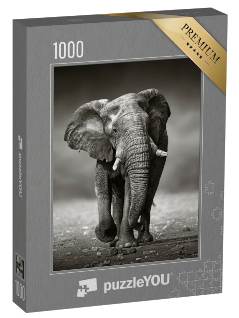 Puzzle 1000 Teile „Afrikanischer Elefant im Etosha-Nationalpark, Namibia, schwarz-weiß“