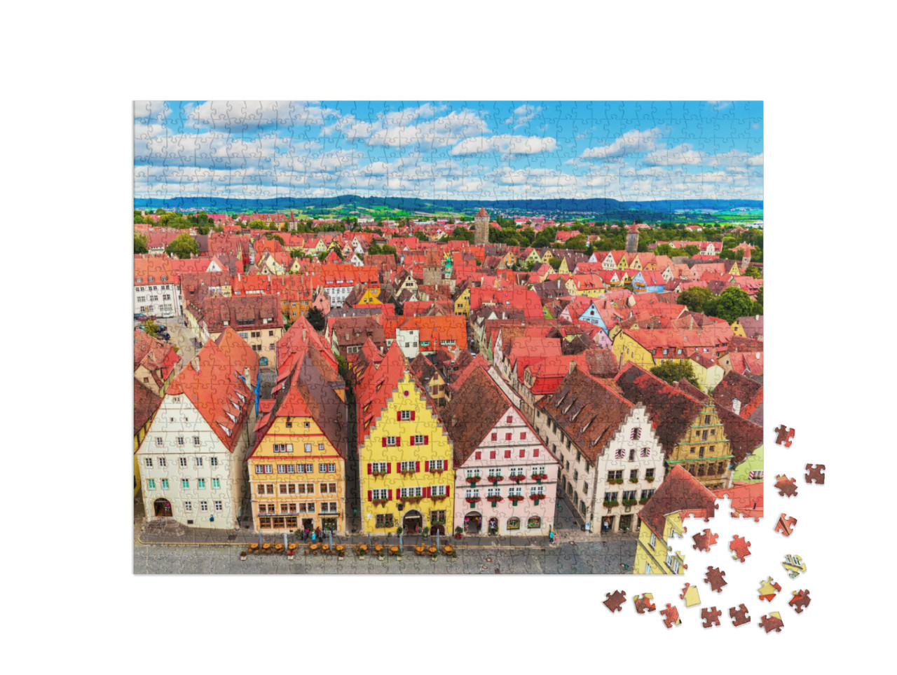 Puzzle 1000 Teile „Sommer-Luftbildpanorama der Altstadtarchitektur von Rothenburg ob der Tauber“