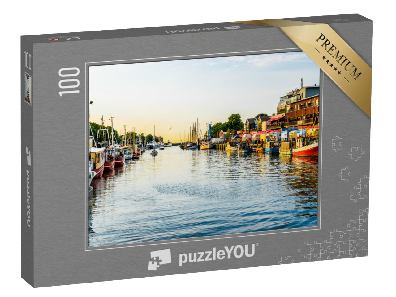 Puzzle 100 Teile „Kanal mit Schiffen und Ostsee in Warnemünde, Rostock, Deutschland“