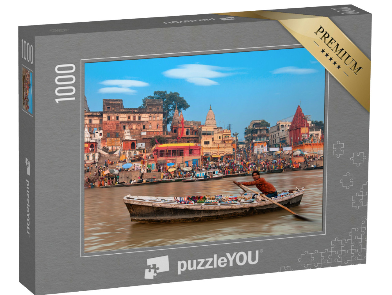 Puzzle 1000 Teile „Ein Blick vom Segelboot auf die heiligen Ghats von Varanasi“