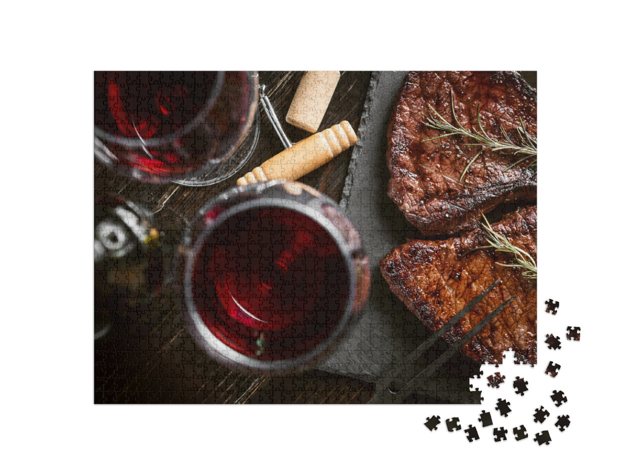 Puzzle 1000 Teile „Abendessen für zwei Personen mit Steaks und Rotwein“