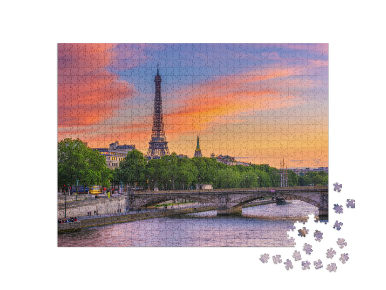 Puzzle 1000 Teile „Sonnenuntergang über Eiffelturm und Seine, Paris“