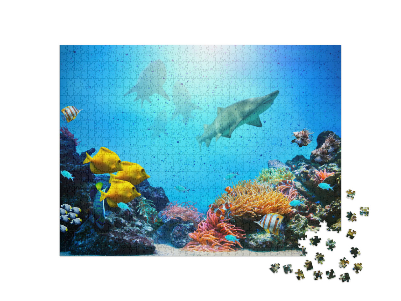 Puzzle 1000 Teile „Korallenriff mit einer bunten Fischgruppe und Haien“