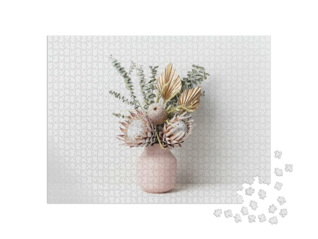 Puzzle 1000 Teile „Trockenblumenarrangement in einer rosa Vase“