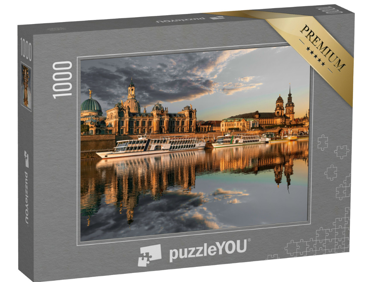 Puzzle 1000 Teile „Dresdner Stadtsilhouette an der Elbe und Augustusbrücke bei Sonnenuntergang“
