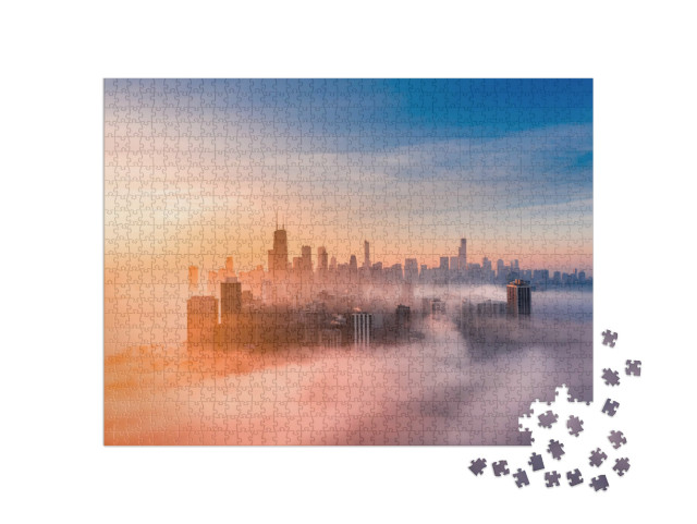 Puzzle 1000 Teile „Nebeliger Sonnenaufgang mit Chicagoer Skyline“