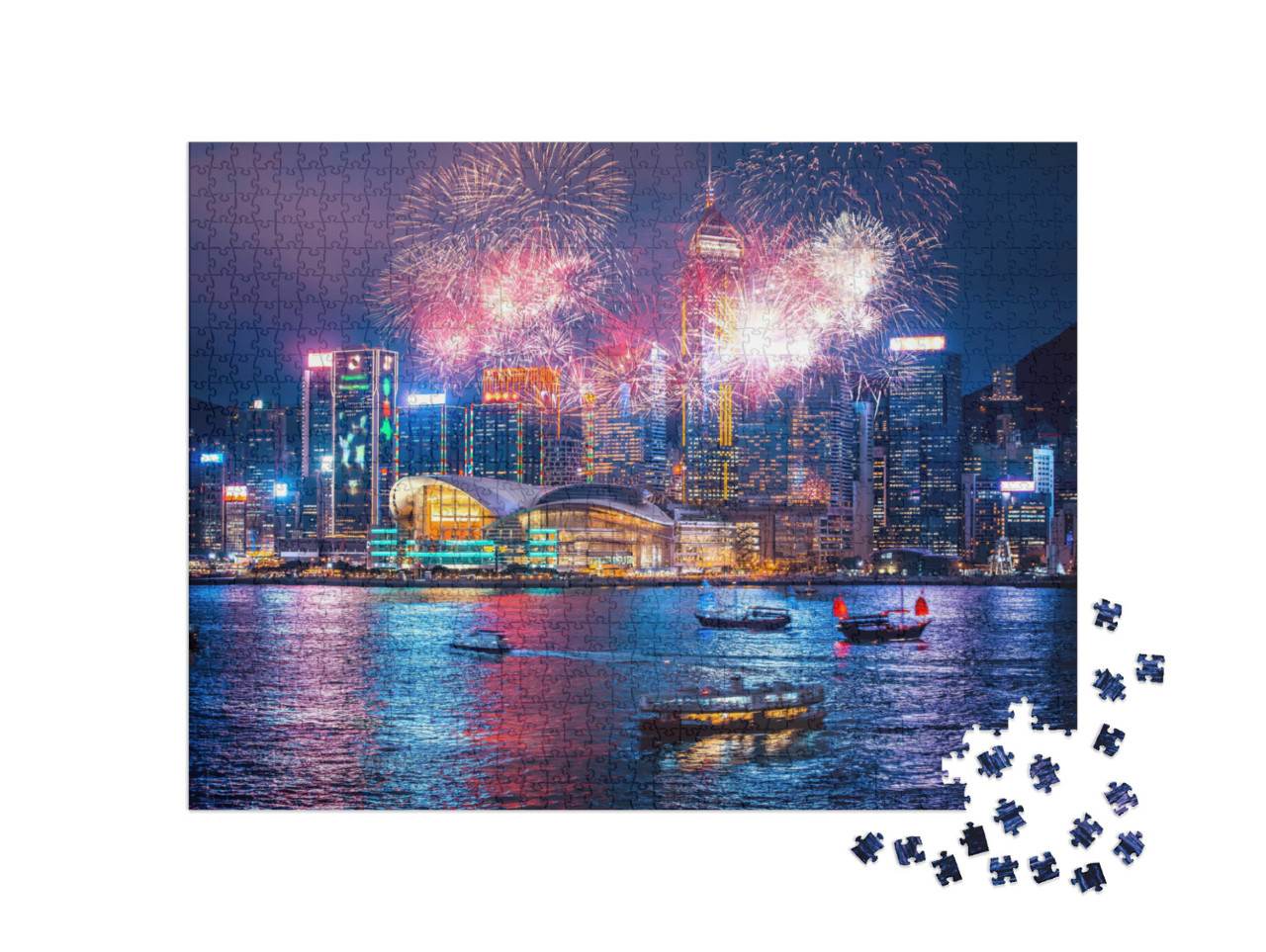 Puzzle 1000 Teile „Feuerwerk im Victoria-Hafen von Hongkong“