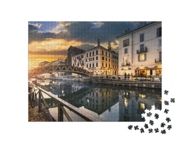Puzzle 1000 Teile „Brücke über den Naviglio Grande-Kanal am Abend, Mailand, Italien“