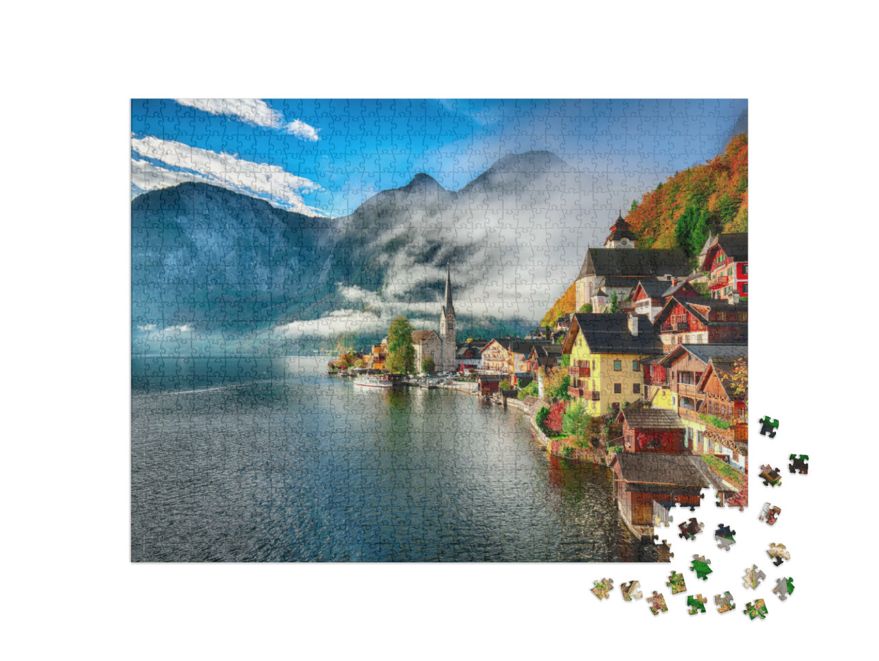 Puzzle 1000 Teile „Nebliger Sonnenaufgang im Herbst, Hallstatt, Österreich“