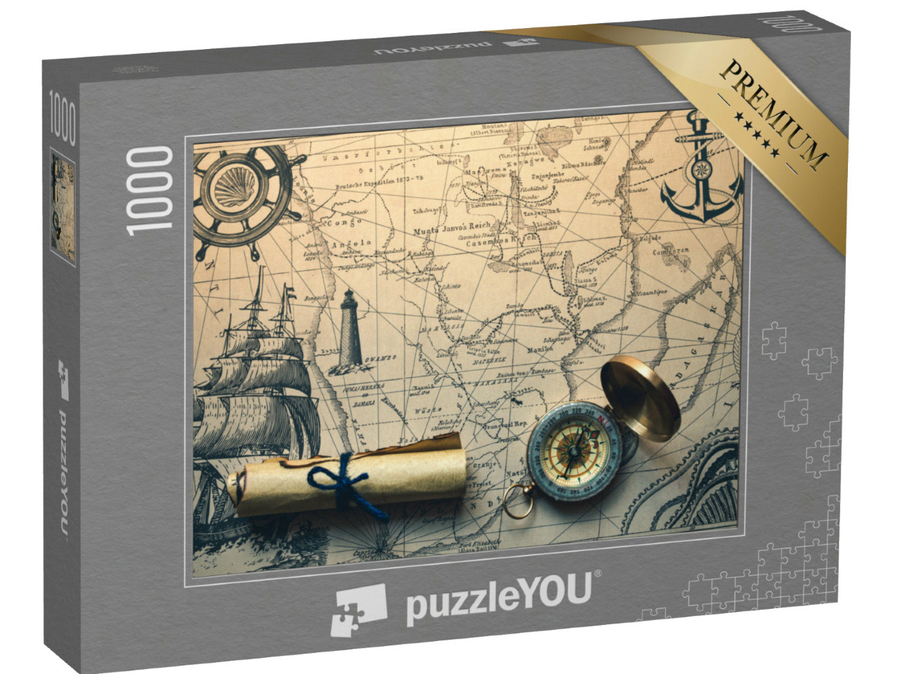 Puzzle 1000 Teile „Vintage-Fotografie: Kompass auf alter Navigationskarte“
