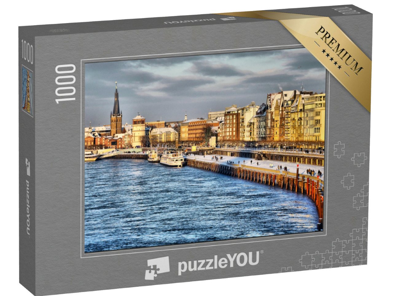 Puzzle 1000 Teile „Winterliche Rheinterrassen in Düsseldorf, Nordrhein-Westfalen, Deutschland“