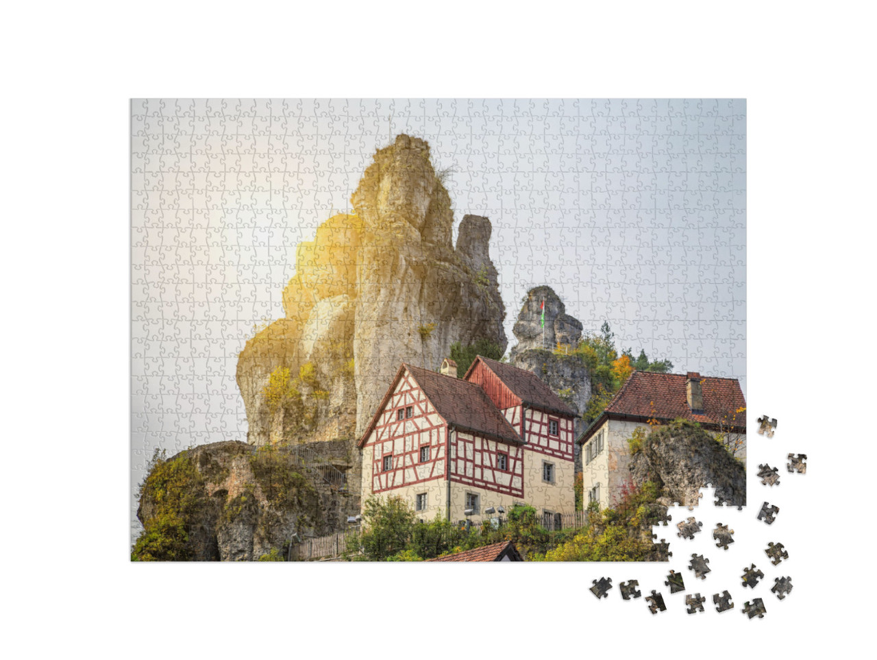 Puzzle 1000 Teile „Fachwerkhäuser am Fels im historischen alten Kirchdorf Tüchersfeld, Bayern“