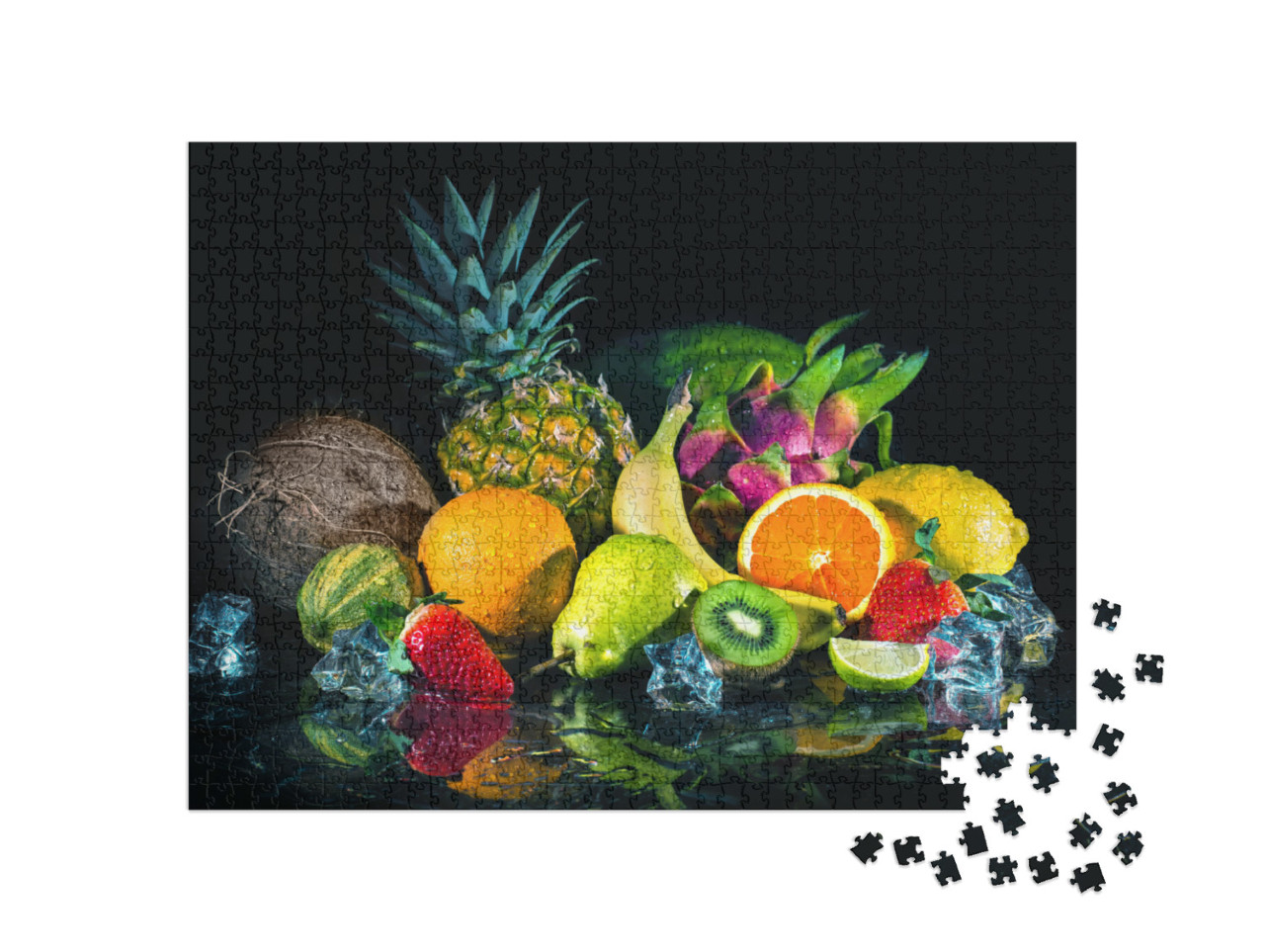 Puzzle 1000 Teile „Früchte auf schwarzem Hintergrund mit Wasserspritzern“