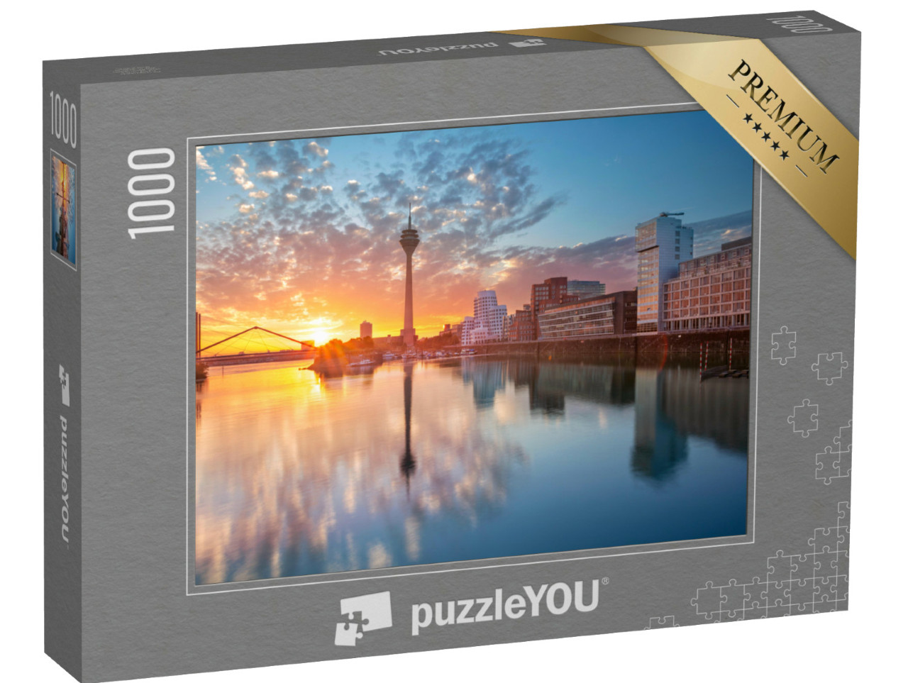 Puzzle 1000 Teile „Sonnenuntergang über dem Mediahafen in Düsseldorf, Nordrhein-Westfalen“