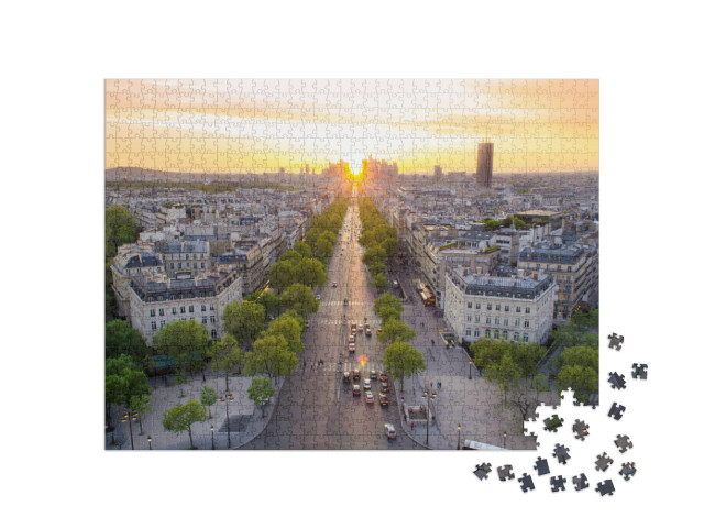 Puzzle 1000 Teile „Perfekter Blick auf den Sonnenuntergang an der Champs Élysées, Paris, Frankreich“