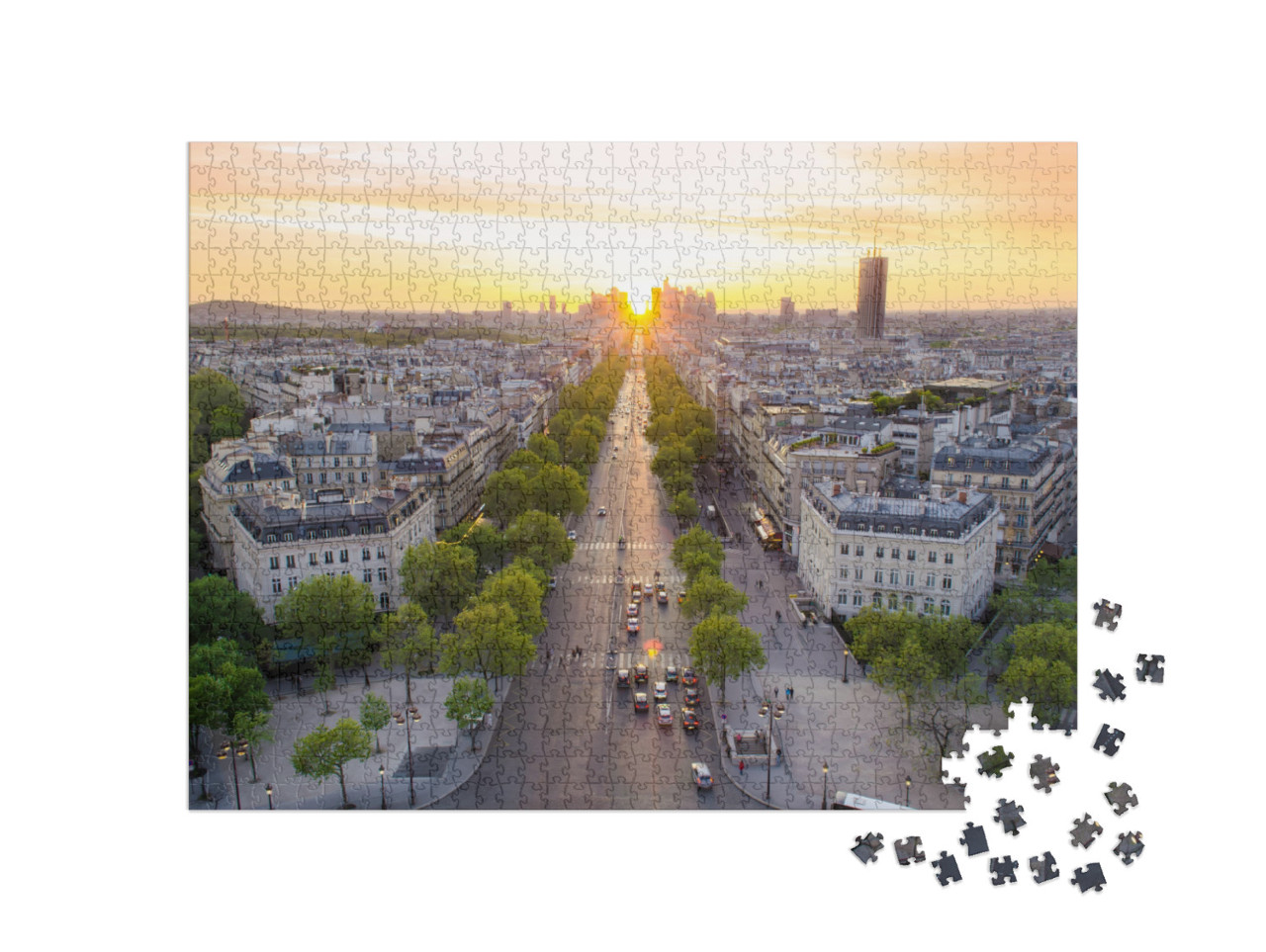 Puzzle 1000 Teile „Perfekter Blick auf den Sonnenuntergang an der Champs Élysées, Paris, Frankreich“