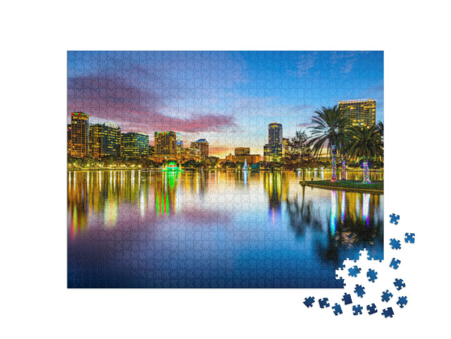 Puzzle 1000 Teile „Blick auf Orlando mit dem Eola Lake in Florida, USA“