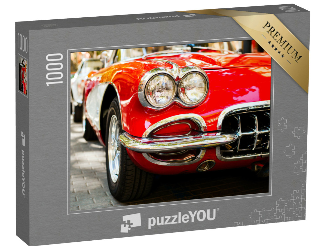 Puzzle 1000 Teile „Nahaufnahme von Scheinwerfern eines roten Oldtimers“