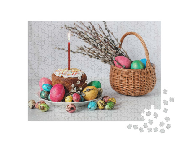 Puzzle 1000 Teile „Ein Osterkuchen mit Kerze und bunt dekorierten Ostereiern“