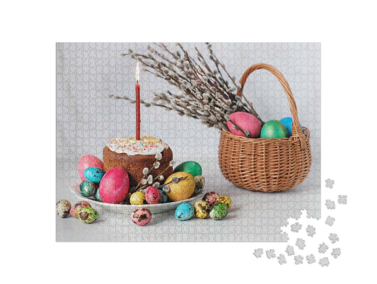 Puzzle 1000 Teile „Ein Osterkuchen mit Kerze und bunt dekorierten Ostereiern“
