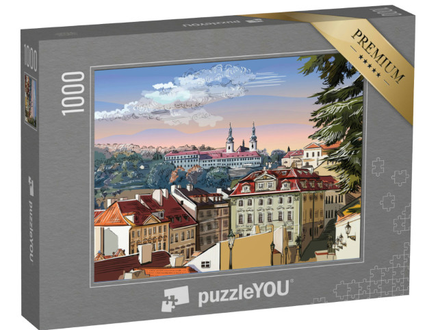 Puzzle 1000 Teile „Panorama-Stadtbild von Prag mit Vektor-Handzeichnung, Tschechische Republik“