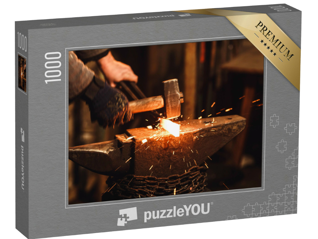 Puzzle 1000 Teile „Der Schmied schmiedet das glühende Metall, Funken fliegen“