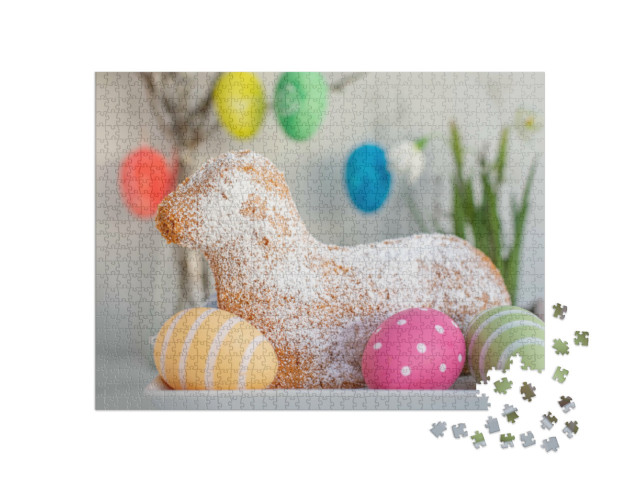 Puzzle 1000 Teile „Gebackenes Osterlamm mit bunten Ostereiern“