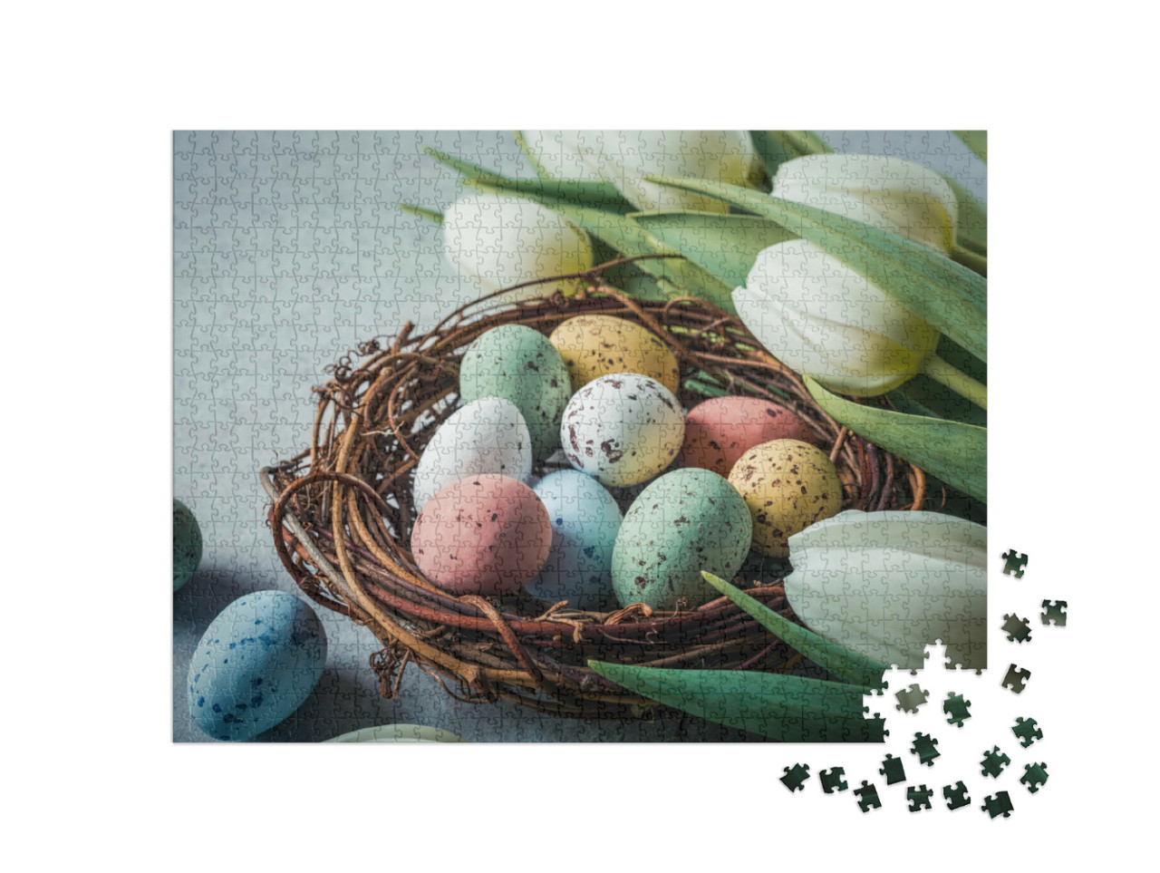 Puzzle 1000 Teile „Bunte Osterwachteleier mit weißen Tulpen“
