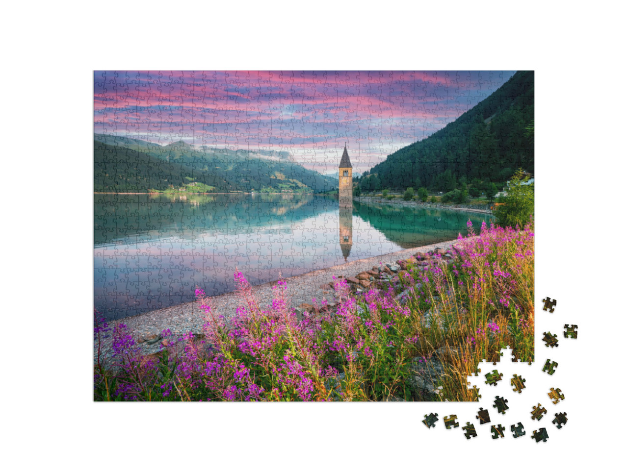 Puzzle 1000 Teile „Schöne Aussicht auf den Reschensee“