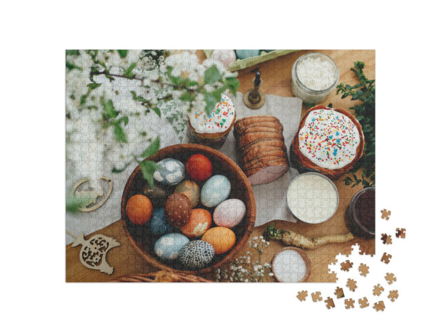 Puzzle 1000 Teile „Ein köstliches Osterfrühstück mit Ostereiern und Schinken“